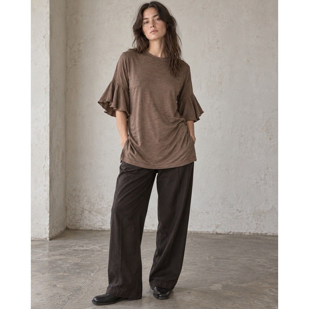 Paskho Luminous Ruffle Sleeve 100% Merino Wool Tunic Small Brown Pockets Artwear